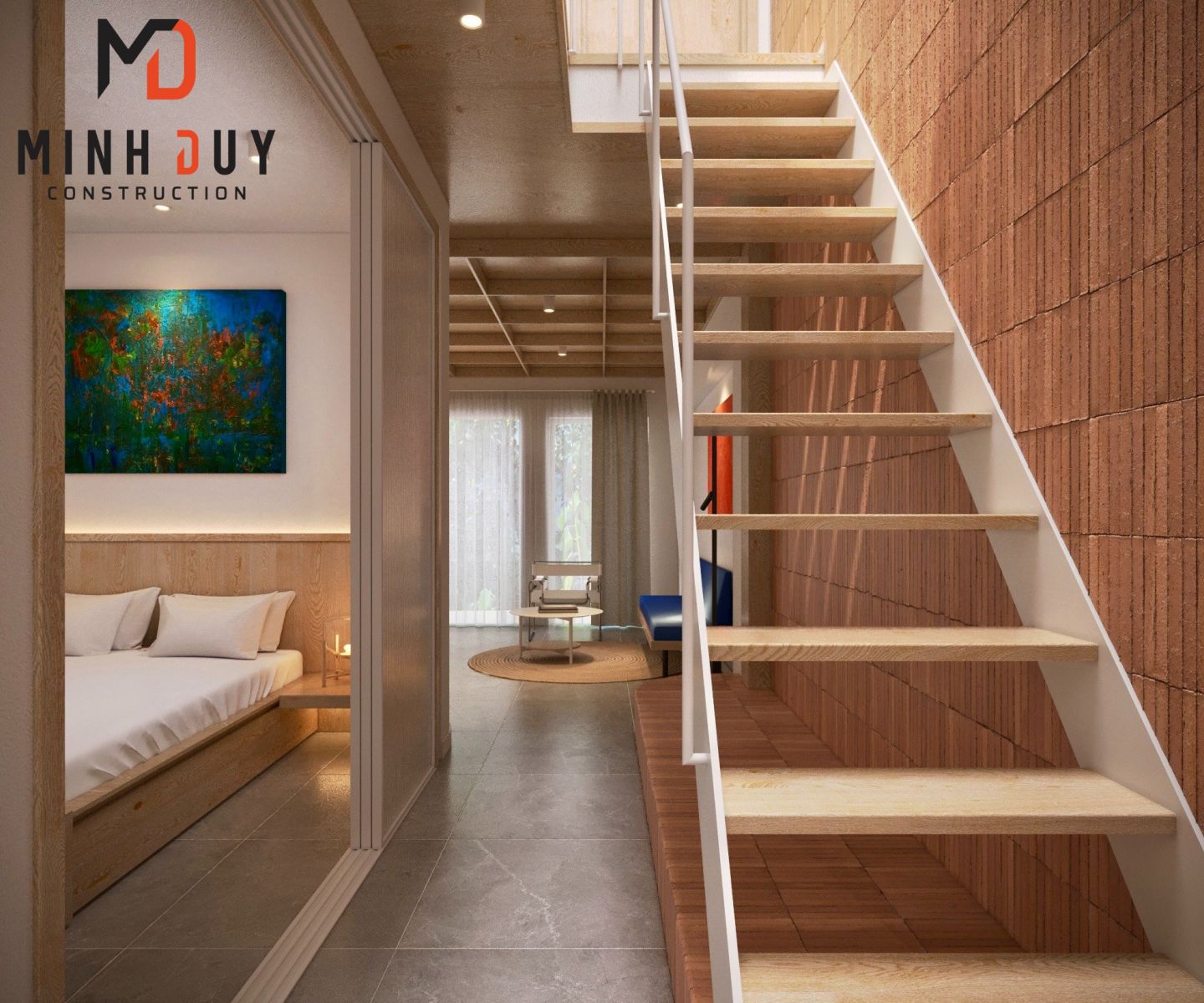 Khu vực cầu thang, hành lang và phòng ngủ nhà Quận 4 - Xây Dựng Minh Duy