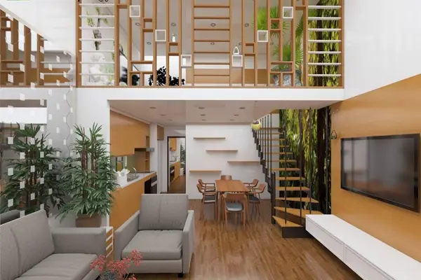 Mẫu gác lửng ấm cúng với vật liệu gỗ