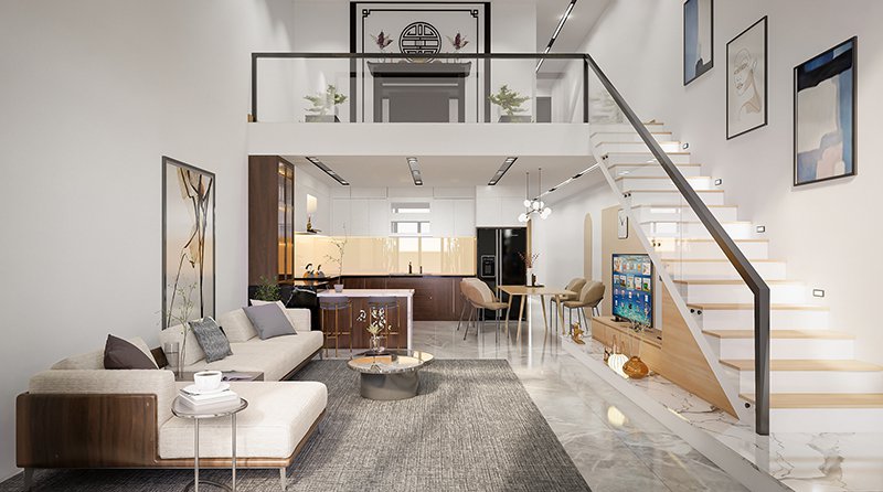 Mẫu gác lửng hiện đại với lan can kính - Xây Dựng Minh Duy