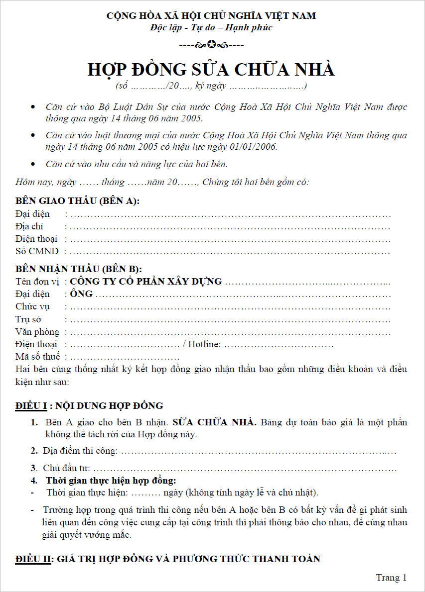 Tại sao cần có hợp đồng sửa chữa nhà?