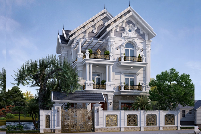 Hình ảnh một biệt thự tân cổ điển với các chi tiết phào chỉ nhẹ nhàng, mái vòm hoặc mái Mansard, màu sắc trang nhã