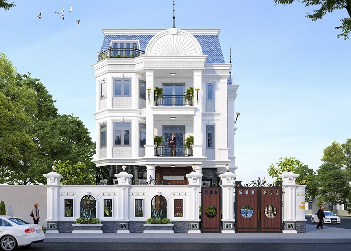 Hình ảnh một biệt thự tân cổ điển với các chi tiết phào chỉ nhẹ nhàng, mái vòm hoặc mái Mansard, màu sắc trang nhã