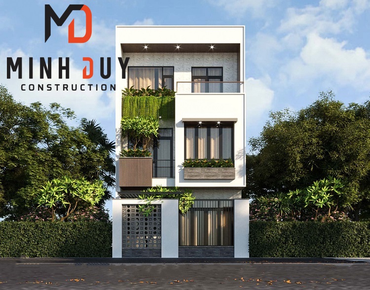 Hình ảnh một mẫu nhà phố hiện đại, mặt tiền đơn giản nhưng tinh tế, có giếng trời hoặc ban công cây xanh