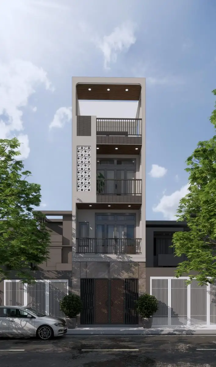 Phối cảnh mặt tiền nhà phố 3 tầng hiện đại với điểm nhấn gạch bông gió tại Quận 5